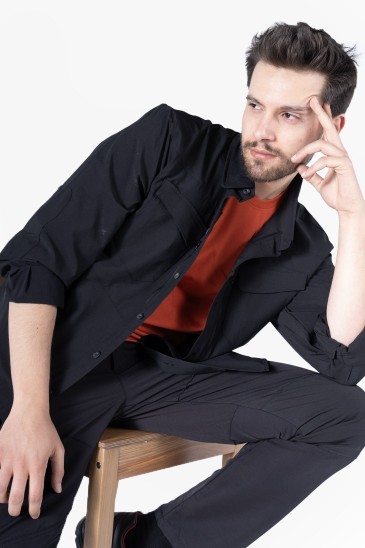 Ripstop Fileli Çift Cepli Gömlek - Siyah