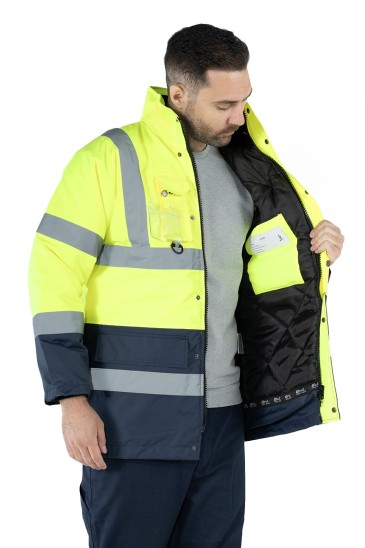 Çift Renkli Reflektörlü Hi - Vis İş Kabanı - Sarı - Lacivert