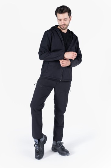 Kapüşonlu Softshell Mont - Siyah