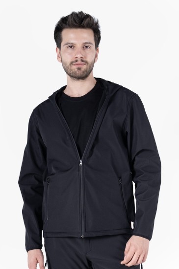 Kapüşonlu Softshell Mont - Siyah