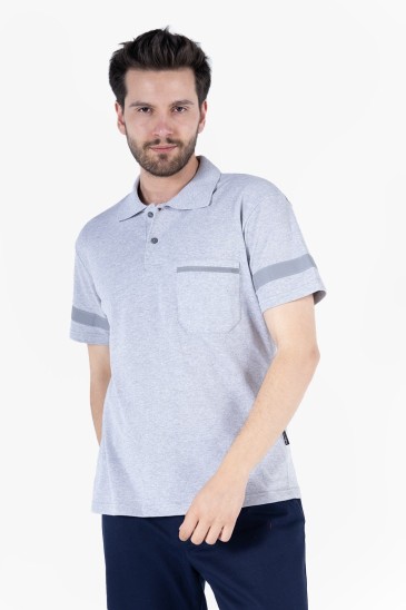 Polo Yaka Reflektörlü T-Shirt - Gri Melanj