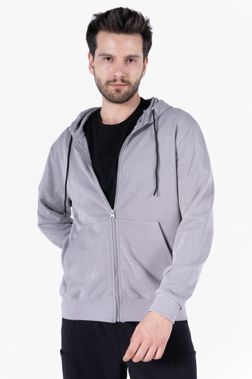 Diagonel Kapüşonlu Fermuarlı Sweatshirt - Light Gri