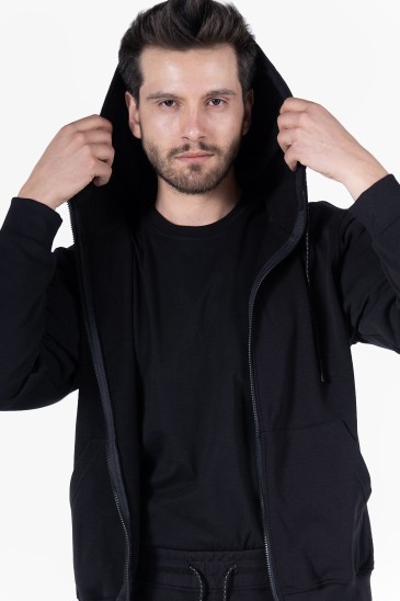 Diagonel Kapüşonlu Fermuarlı Sweatshirt - Siyah