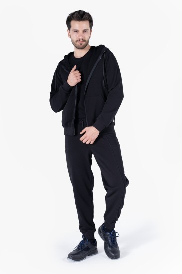 Diagonel Kapüşonlu Fermuarlı Sweatshirt - Siyah