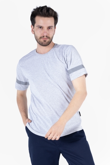 T 2830 Bisiklet Yaka Reflektörlü T-Shirt - Gri Melanj