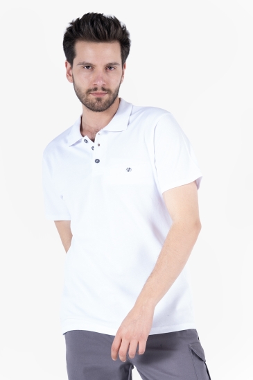 Polo Yaka Fleto Cepli T-Shirt - Beyaz