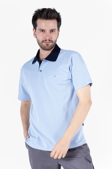 Polo Yaka Fleto Cepli T-Shirt - Gök Mavi