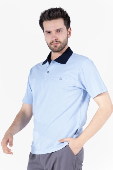 Polo Yaka Fleto Cepli T-Shirt - Gök Mavi