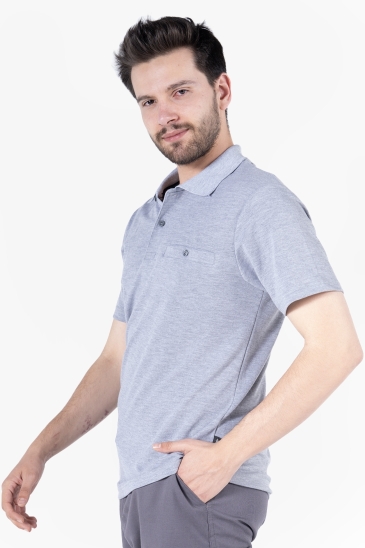 Polo Yaka Fleto Cepli T-Shirt - Gri Melanj