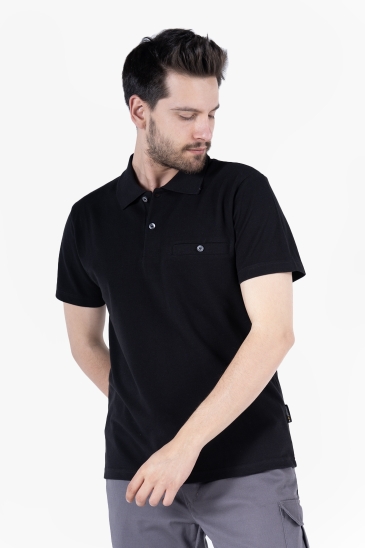 Polo Yaka Fleto Cepli T-Shirt - Siyah