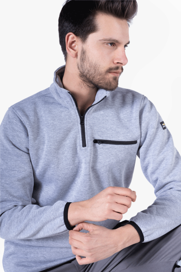 3 İplik Dik Yakalı Fermuarlı Sweatshirt - Gri Melanj
