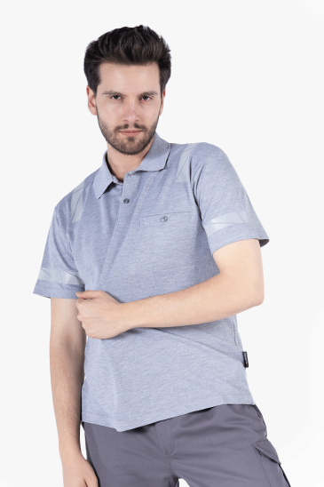 Polo Yaka Reflektörlü T-Shirt - Gri Melanj