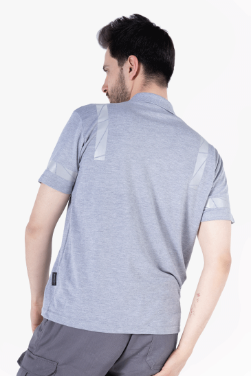 Polo Yaka Reflektörlü T-Shirt - Gri Melanj