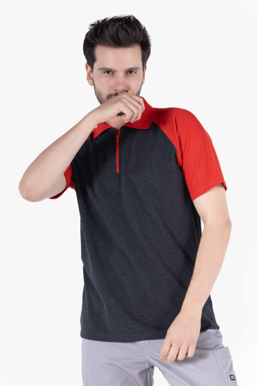 Polo Yaka Fermuarlı T-Shirt - Antrasit Gri - Kırmızı