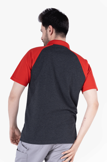Polo Yaka Fermuarlı T-Shirt - Antrasit Gri - Kırmızı
