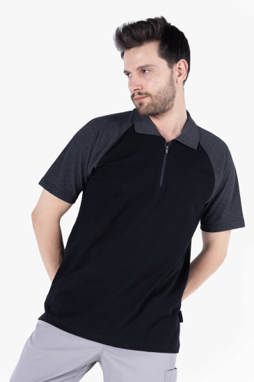 Polo Yaka Fermuarlı T-Shirt - Siyah - Antrasit Gri