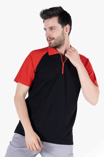 Polo Yaka Fermuarlı T-Shirt - Siyah - Kırmızı