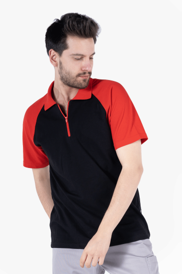 Polo Yaka Fermuarlı T-Shirt - Siyah - Kırmızı