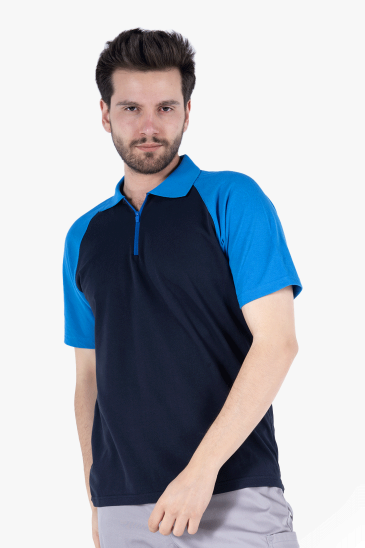 Polo Yaka Fermuarlı T-Shirt - Lacivert - Saks Mavi