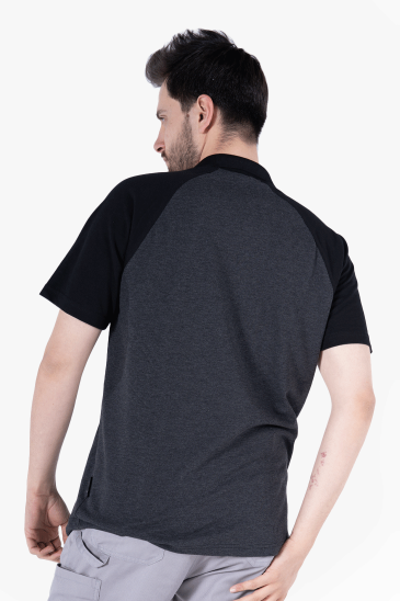 Polo Yaka Fermuarlı T-Shirt - Antrasit Gri - Siyah