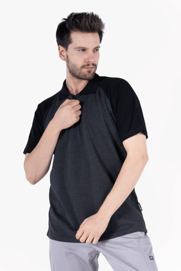 Polo Yaka Fermuarlı T-Shirt - Antrasit Gri - Siyah