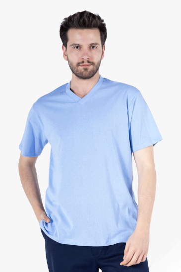 V Yaka T-Shirt - Gök Mavi