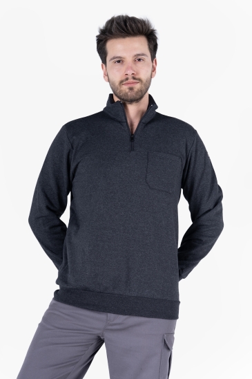 2 İplik Dik Yakalı Fermuarlı Sweatshirt - Antrasit Melanj