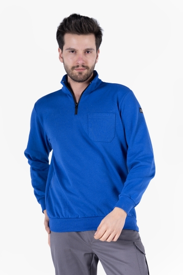 2 İplik Dik Yakalı Fermuarlı Sweatshirt - Saks Mavi