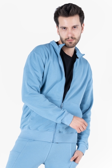 OWL 9150 Diagonel Fermuarlı Sweatshirt - Light İndigo