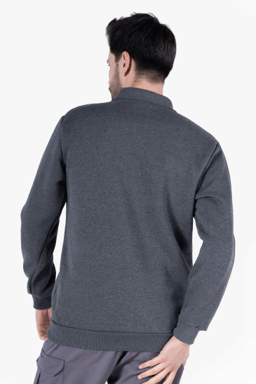 3 İplik Polo Yaka Fleto Cepli Sweatshirt - Antrasit Melanj
