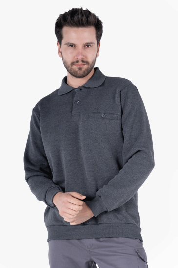 3 İplik Polo Yaka Fleto Cepli Sweatshirt - Antrasit Melanj