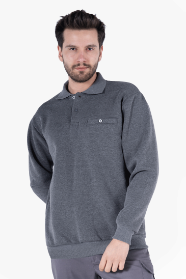 3 İplik Polo Yaka Fleto Cepli Sweatshirt - Füme Melanj