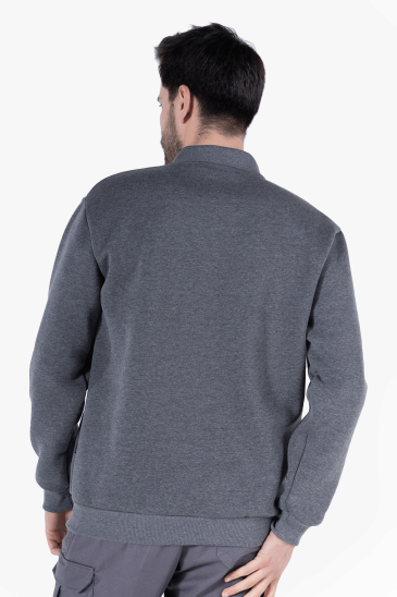 3 İplik Polo Yaka Fleto Cepli Sweatshirt - Füme Melanj