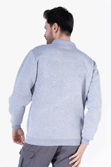 3 İplik Polo Yaka Fleto Cepli Sweatshirt - Gri Melanj