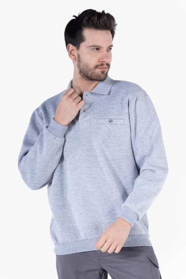3 İplik Polo Yaka Fleto Cepli Sweatshirt - Gri Melanj