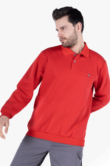 3 İplik Polo Yaka Fleto Cepli Sweatshirt - Kırmızı