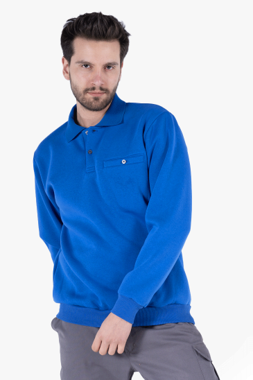 3 İplik Polo Yaka Fleto Cepli Sweatshirt - Saks Mavi