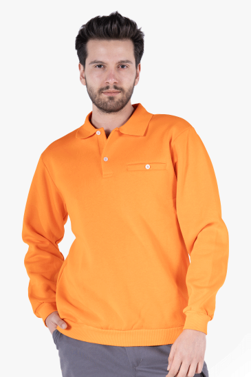 3 İplik Polo Yaka Fleto Cepli Sweatshirt - Turuncu