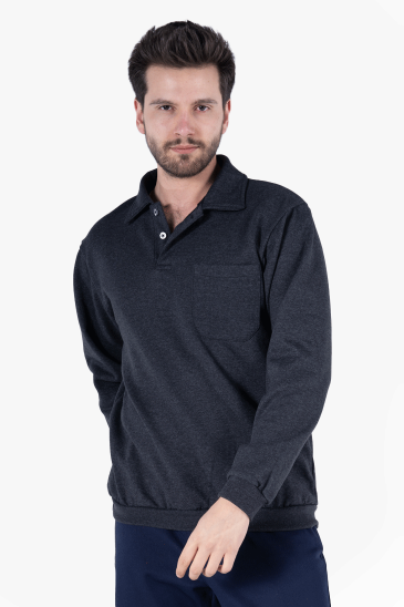 İki İplik Polo Yaka Cepli Sweatshirt - Antrasit Melanj