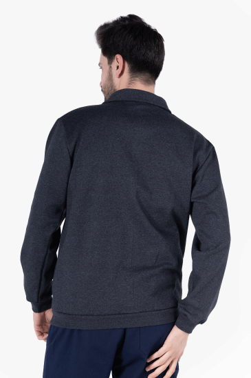 İki İplik Polo Yaka Cepli Sweatshirt - Antrasit Melanj