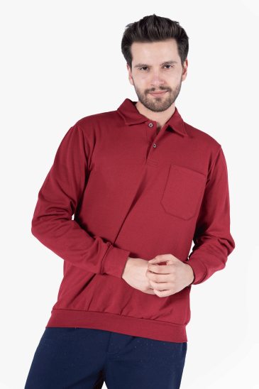 İki İplik Polo Yaka Cepli Sweatshirt - Bordo