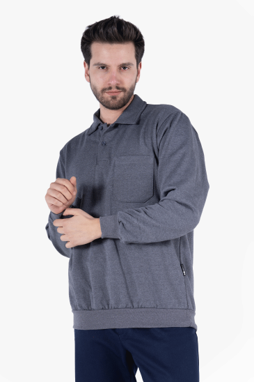 İki İplik Polo Yaka Cepli Sweatshirt - Füme Melanj