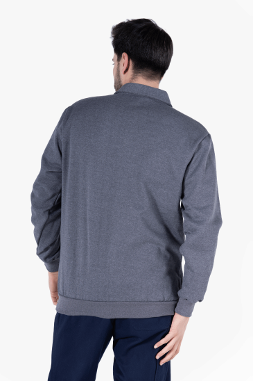 İki İplik Polo Yaka Cepli Sweatshirt - Füme Melanj