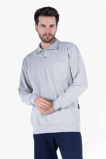 İki İplik Polo Yaka Cepli Sweatshirt - Gri Melanj
