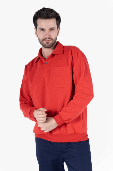 İki İplik Polo Yaka Cepli Sweatshirt - Kırmızı