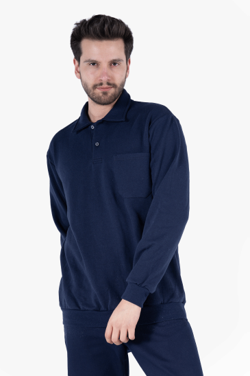 İki İplik Polo Yaka Cepli Sweatshirt - Lacivert
