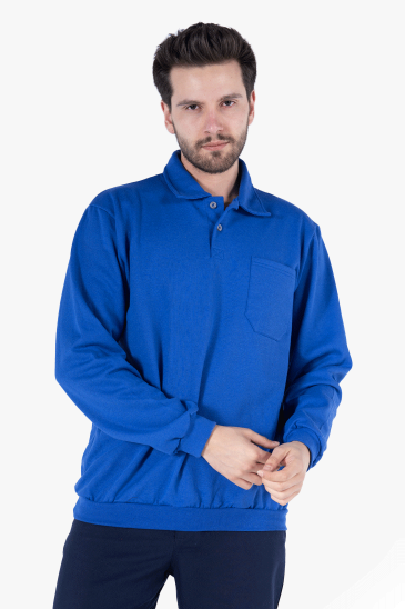 İki İplik Polo Yaka Cepli Sweatshirt - Saks Mavi