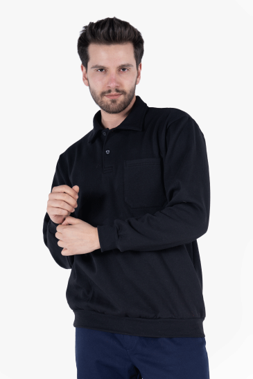 İki İplik Polo Yaka Cepli Sweatshirt - Siyah