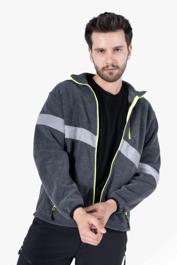 Neon Sarı Fermuarlı Reflektörlü İş Poları - Gri Melanj