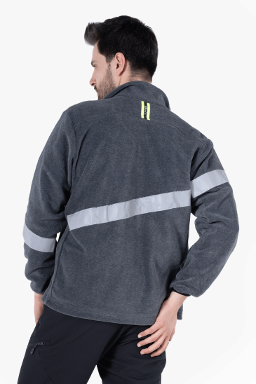 Neon Sarı Fermuarlı Reflektörlü İş Poları - Gri Melanj